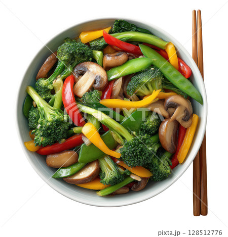 Colorful Stir Fry Vegetable Medley with Broccoli, Bell Peppers, and Mushrooms in a Modern Bowl 128512776