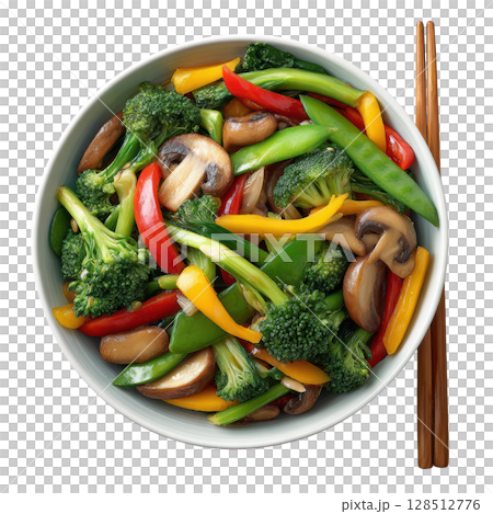 Colorful Stir Fry Vegetable Medley with Broccoli, Bell Peppers, and Mushrooms in a Modern Bowl 128512776