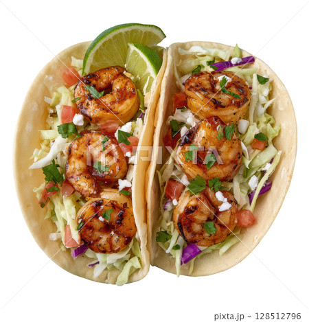 Grilled Shrimp Tacos with Cabbage Slaw and Fresh Lime Garnish on a White Background Grilled Shrimp Tacos with Cabbage Slaw and Fresh Lime Garnish on a White Background 128512796