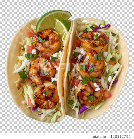 Grilled Shrimp Tacos with Cabbage Slaw and Fresh Lime Garnish on a White Background Grilled Shrimp Tacos with Cabbage Slaw and Fresh Lime Garnish on a White Background 128512796