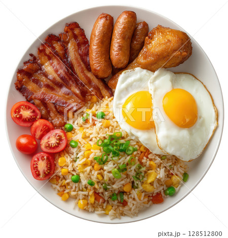 Hearty Breakfast Plate Featuring Fried Rice, Crispy Bacon, Fried Chicken Leg, Fried Eggs, and Sausages 128512800
