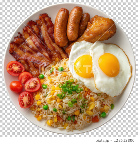Hearty Breakfast Plate Featuring Fried Rice, Crispy Bacon, Fried Chicken Leg, Fried Eggs, and Sausages 128512800