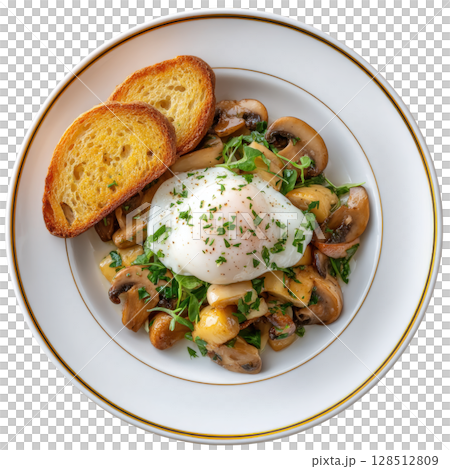 Delicate poached egg on bed of sauteed mushrooms and fresh herbs served with two slices of toasted bread on white plate 128512809