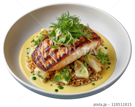 Grilled Fish Fillet with Dill Lemon Sauce and Braised Fennel Served on Pearl Barley with Micro Dill Garnish Grilled Fish Fillet with Dill Lemon Sauce and Braised Fennel Served on Pearl Barley with Micro Dill Garnish 128512815
