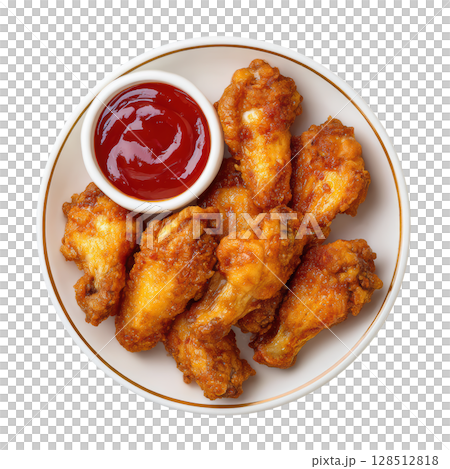 Golden Fried Chicken Wings Served with Side of Dipping Sauce on White Plate 128512818