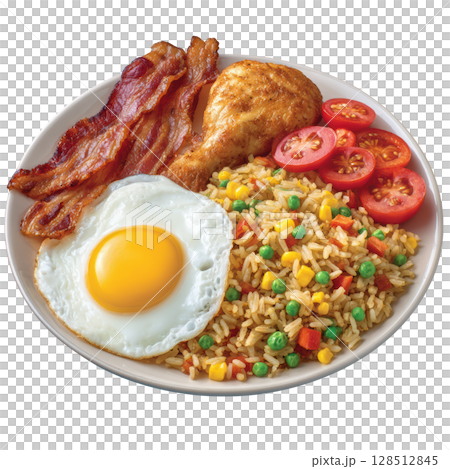 Delicious Plate of Fried Rice with Fried Bacon, Crispy Fried Chicken Leg, Fried Egg, and Fried Sausages 128512845