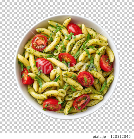 Fresh Cold Pasta Salad with Pesto and Cherry Tomatoes in a White Bowl Fresh Cold Pasta Salad with Pesto and Cherry Tomatoes in a White Bowl 128512846
