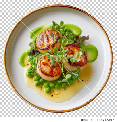 Delicate seared scallop dish with pea puree and microgreens on white plate, beautifully plated and fresh Delicate seared scallop dish with pea puree and microgreens on white plate, beautifully plated and fresh 128512847