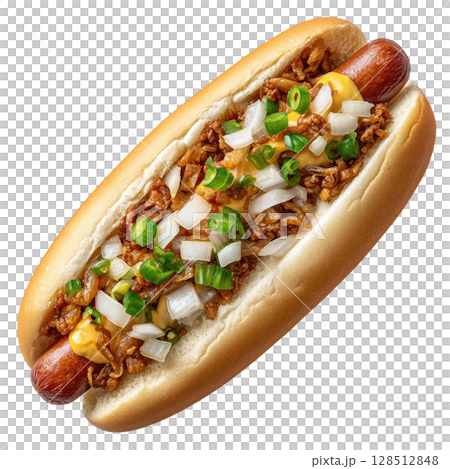 delicious hot dog topped with onions, jalapenos, and mustard, perfect for savory snack 128512848
