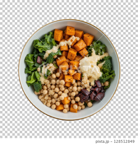 Healthy bowl with roasted sweet potato, kale, chickpeas, quinoa, olives, and creamy tahini dressing for nutritious meal 128512849