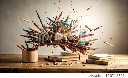 Rainbow Pencil Confetti Explosion. Back to School concept. Generated image 128512861