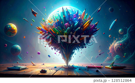 Rainbow Pencil Confetti Explosion. Back to School concept. Generated image 128512864