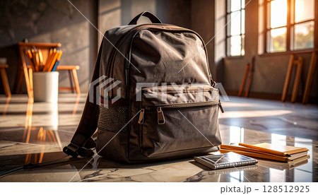 Minimalist Backpack with Geometric Supplies. Back to School concept. Generated image 128512925