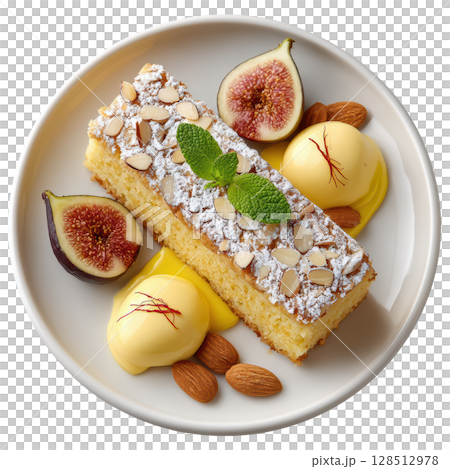 Almond cake dusted with powdered sugar and sliced almonds served with fresh figs, almond cream, and saffron garnish on plate 128512978