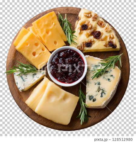 Elegant Cheese Platter with Assorted Cheeses, Jam, Nuts, and Fresh Herbs for Entertaining and Culinary Presentation 128512980