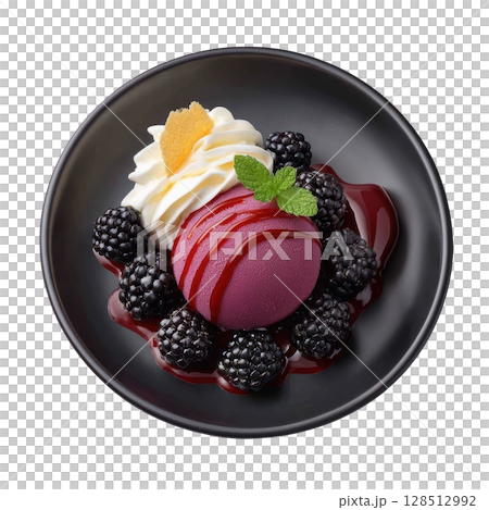 Deep Purple Blackberry Sorbet with Fresh Blackberries and Meringue Shard Drizzled with Blackberry Coulis 128512992