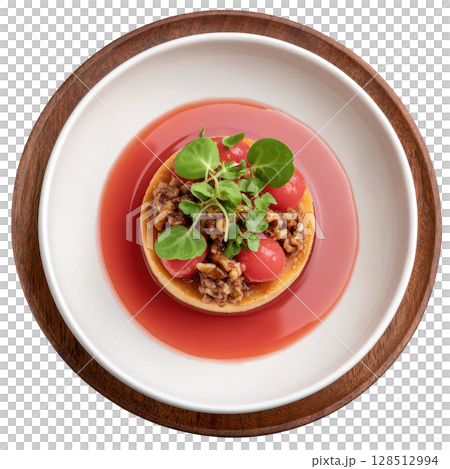 Elegant Chicken Liver Mousse Canape on Crisp Sourdough with Topping of Rhubarb Gel and Crushed Pecans 128512994