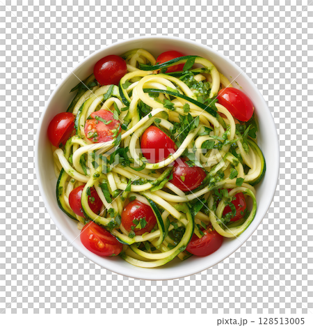 Fresh Spiralized Zucchini Noodles Tossed with Pesto and Vibrant Cherry Tomatoes Ready to Serve Fresh Spiralized Zucchini Noodles Tossed with Pesto and Vibrant Cherry Tomatoes Ready to Serve 128513005