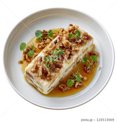 Roasted Jerusalem Artichoke Terrine Layered with Smoked Cheddar, Caramelized Pear, Walnut Jus, and Drizzle of Thyme Oil 128513009