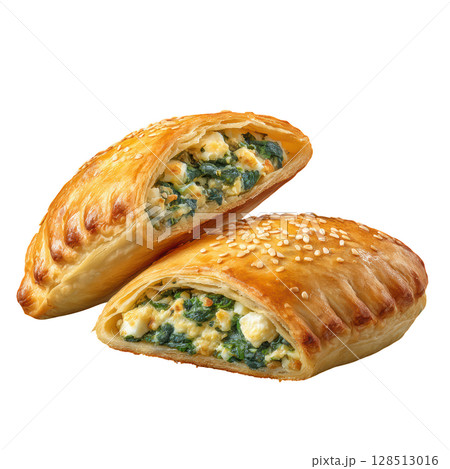Flaky Pastry Filled With Spinach and Feta Cheese on a White Background 128513016