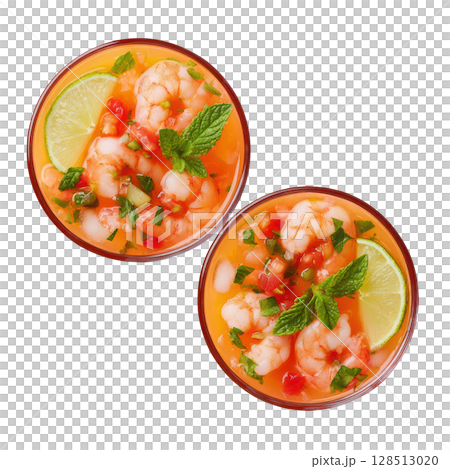 Delicious Chilled Prawn Cocktail served with Fresh Lime and Aromatic Herbs in Elegant Glass Bowls 128513020