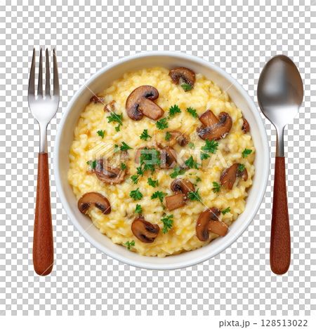 Creamy Risotto with Mushrooms and Parmesan Cheese Served in White Bowl with Cutlery on a Simple Background 128513022