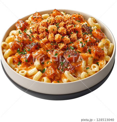delightful bowl of creamy macaroni and cheese topped with crispy breadcrumbs and savory pieces of meat, perfect for comfort delightful bowl of creamy macaroni and cheese topped with crispy breadcrumbs and savory pieces of meat, perfect for comfort 128513040