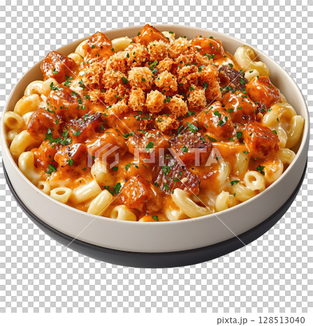 delightful bowl of creamy macaroni and cheese topped with crispy breadcrumbs and savory pieces of meat, perfect for comfort 128513040