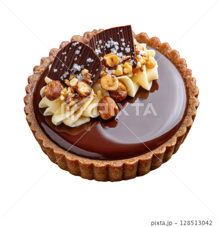 Glossy Hazelnut Chocolate Tart with Praline Layer and Roasted Hazelnuts Topped with Sea Salt Flakes 128513042