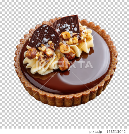 Glossy Hazelnut Chocolate Tart with Praline Layer and Roasted Hazelnuts Topped with Sea Salt Flakes 128513042