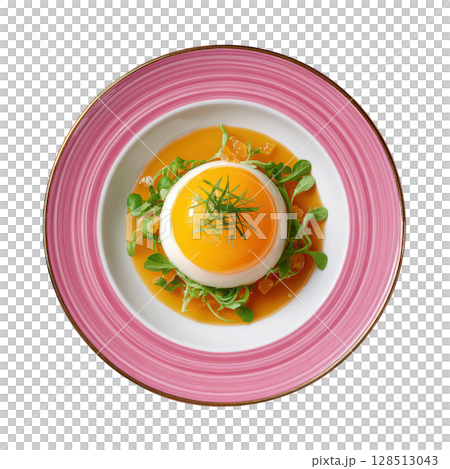 Shimmering Blood Orange Gelee Layered Over Cream with Candied Zest and Tarragon Garnish on Elegant Plate Shimmering Blood Orange Gelee Layered Over Cream with Candied Zest and Tarragon Garnish on Elegant Plate 128513043