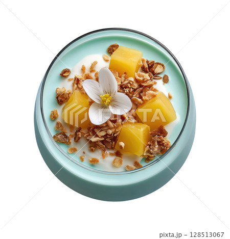 Creamy Coconut Panna Cotta Dessert with Mango Gel Cubes and Toasted Coconut Flakes Creamy Coconut Panna Cotta Dessert with Mango Gel Cubes and Toasted Coconut Flakes 128513067