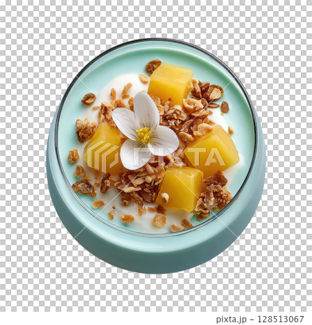 Creamy Coconut Panna Cotta Dessert with Mango Gel Cubes and Toasted Coconut Flakes 128513067