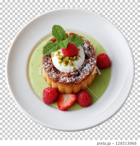 Elegant Financier with Pistachio Cream, Fresh Raspberries, Mint, and Dusting of Powdered Sugar on a Plate 128513068