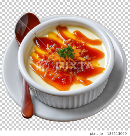 Silky Cream Dessert with Spiced Clove Flavor and Candied Grapefruit Zest Topped with Caramel Drizzle 128513069