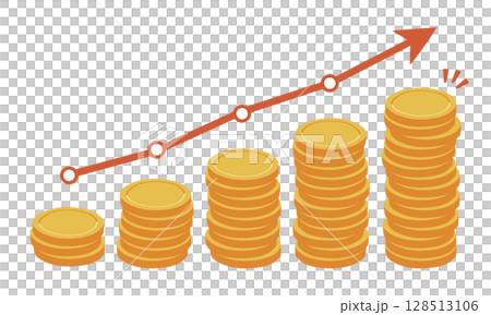 Illustration of a stepped coin tower and a graph with a red arrow 128513106