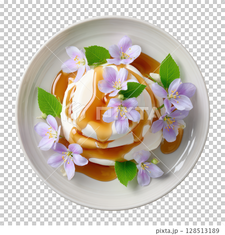 Delicate Elderflower Jelly Layered with Vanilla Cream and Drizzled Honey Garnished with Fresh Blossoms 128513189