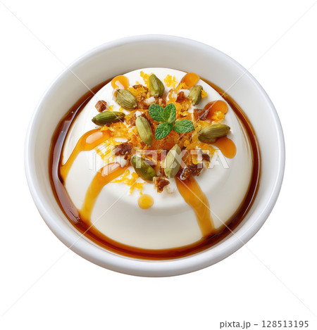 Silky Cardamom Cremeux with Candied Orange Zest and Honey Drizzle in a Small Mold 128513195