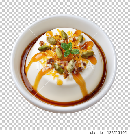 Silky Cardamom Cremeux with Candied Orange Zest and Honey Drizzle in a Small Mold 128513195