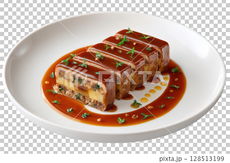 Layered Roasted Jerusalem Artichoke Terrine with Smoked Cheddar and Caramelized Pear on Walnut Jus with Thyme Oil Drizzle 128513199