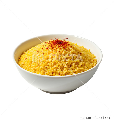 bowl of aromatic saffron rice, vibrant yellow and fluffy, garnished with delicate saffron strands, perfect for any meal 128513241