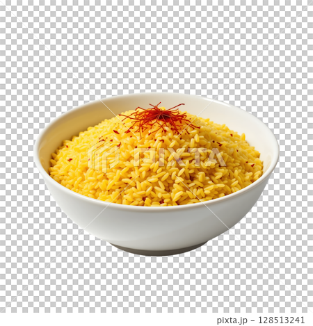bowl of aromatic saffron rice, vibrant yellow and fluffy, garnished with delicate saffron strands, perfect for any meal 128513241