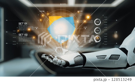 Futuristic Robotic Hand Interacting with 3D Geometric Shapes and Data Visualizations in a High-Tech Environment. Auvana 128513249