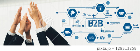 Business to Business Collaboration Concept with Hands and Icons Representing E-commerce, Agreements, and Strategic Sales in a Modern Context. Amity 128513259
