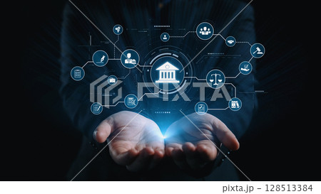 Digital law interface displaying justice scale, highlighting digital law Elide 128513384