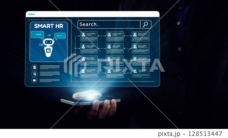 Futuristic HR Technology Concept with Artificial Intelligence Assistant Displayed on Smartphone for Innovative Human Resource Management Solutions. Qubit Futuristic HR Technology Concept with Artificial Intelligence Assistant Displayed on Smartphone for Innovative Human Resource Management Solutions. Qubit 128513447