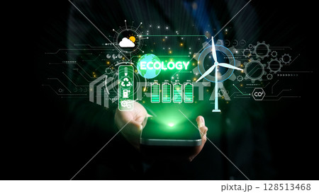 Futuristic Hand Holding Smartphone with Ecology Icons Representing Sustainability, Technology, Renewable Energy, and Environmental Awareness. Qubit 128513468