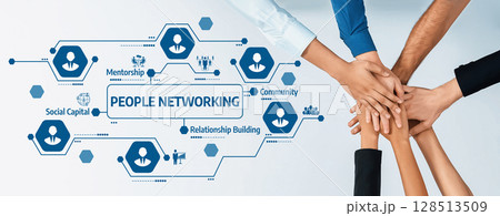 Hands Coming Together for People Networking with Icons Representing Mentorship, Community, and Relationship Building in a Modern Business Environment. Amity 128513509