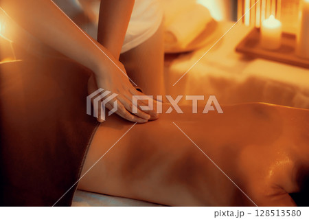 Caucasian woman customer enjoying relaxing anti-stress massage. Quiescent 128513580