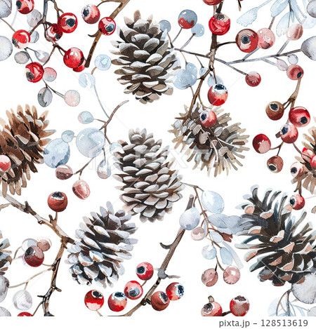 Elegant winter seamless pattern with watercolor pine cones, red berries, and spruce branches, set against a white background. 128513619